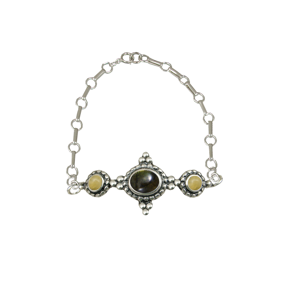 Sterling Silver Gemstone Adjustable Chain Bracelet With Spectrolite And Yellow Aragonite